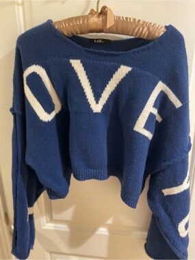 Navy 'LOVE' Cropped Knit Sweater